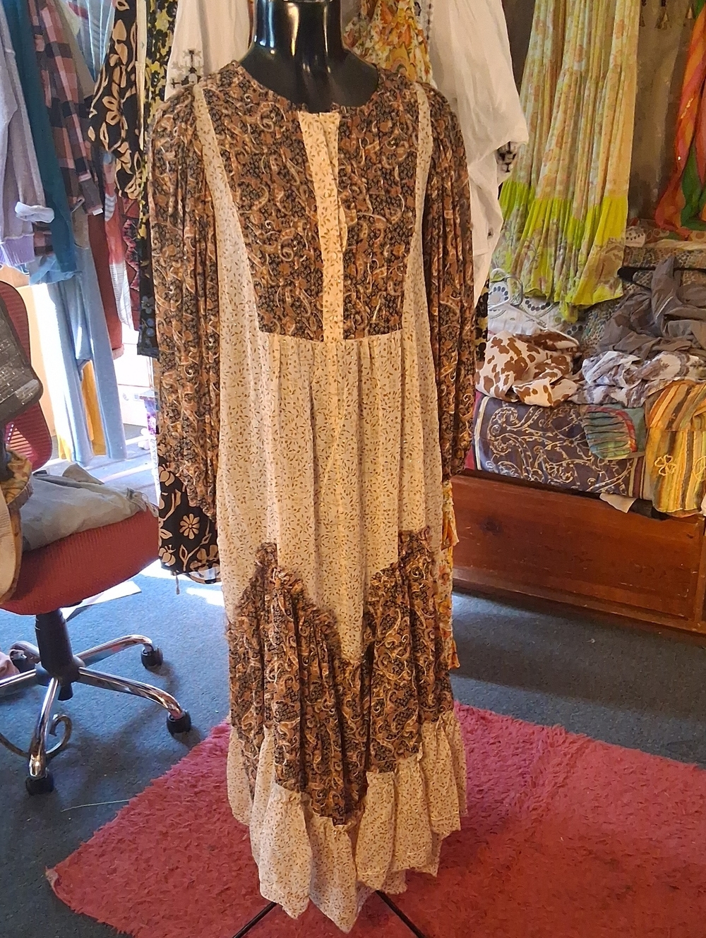 Bohemian Long Sleeve Maxi Dress in Brown and Cream